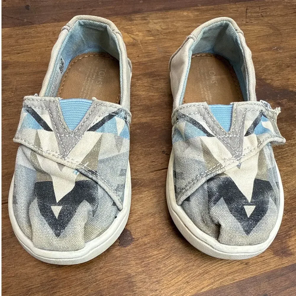 TOMS Alpargata Slip-On Shoe Geometric Blue Gray & Tan Print Toddler Size 7